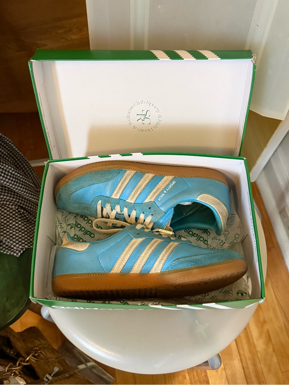 Sporty&Rich Adidas Women's Samba's - Light Blue with White Stripes and Gum Sole
